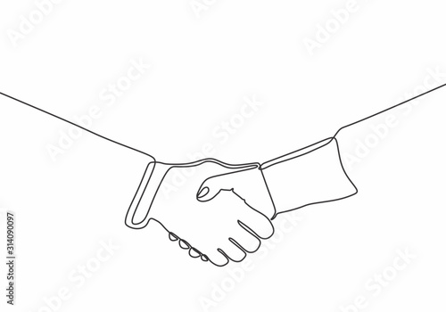 Continuous line hand shake vector. Minimalism art single hand drawn business metaphor of meeting, agreement, and partnership.