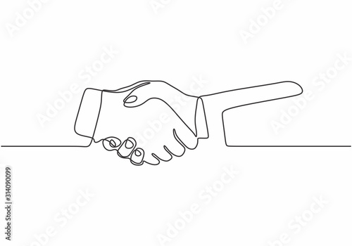 Continuous line hand shake vector. Minimalism art single hand drawn business metaphor of meeting, agreement, and partnership.