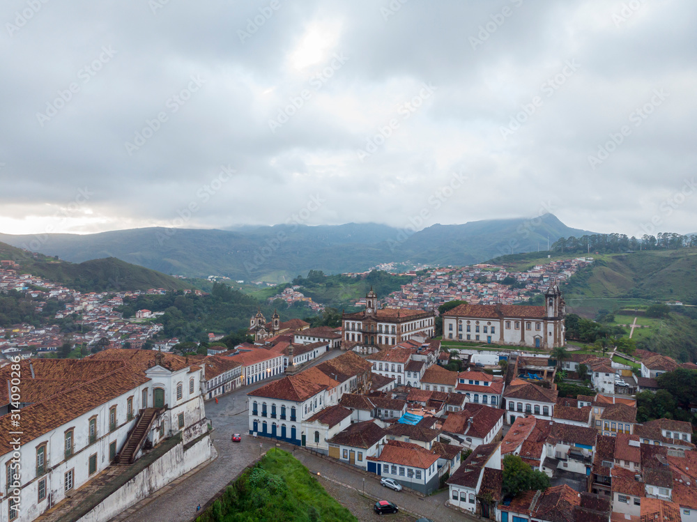 Aerial sideview of the federal university and natural history museum of mining science and techniques and astronomy observatory in the city centre of Ouro Preto in Minas Gerais, Brazil