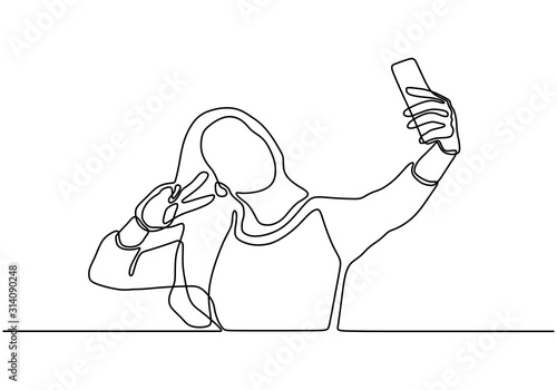 Girl take selfie continuous one line drawing. Vector minimalism hand drawn.