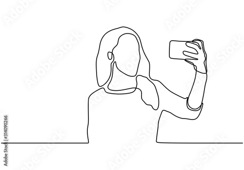 Girl take selfie continuous one line drawing. Vector minimalism hand drawn.