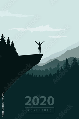 hiking adventure 2020 girl on a cliff with mountain view vector illustration EPS10
