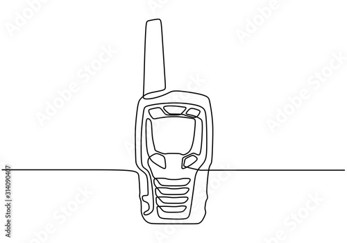 Walkie talkie one line drawing electronic object. Portable two-way radio transceiver device for communication.