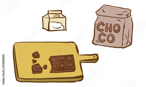 バレンタインデー　手作りチョコの材料シリーズ　まな板の上のチョコとチョコとクリーム