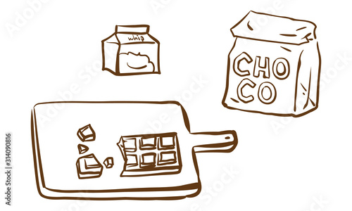 バレンタインデー　手作りチョコの材料シリーズ　まな板の上のチョコとチョコとクリーム