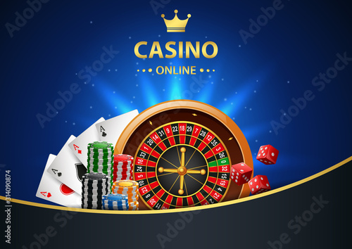 Casino online background with roulette wheel, chips poker and playing cards. Vector illustration