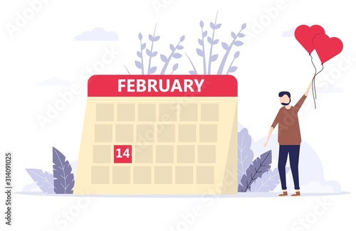 Man holds heart ballon in hands. Hope to meet love on February 14.