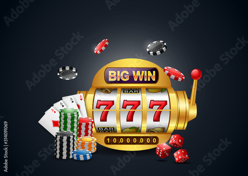 Big win slots machine 777 casino with chip poker, dice and playing cards. Vector illustration