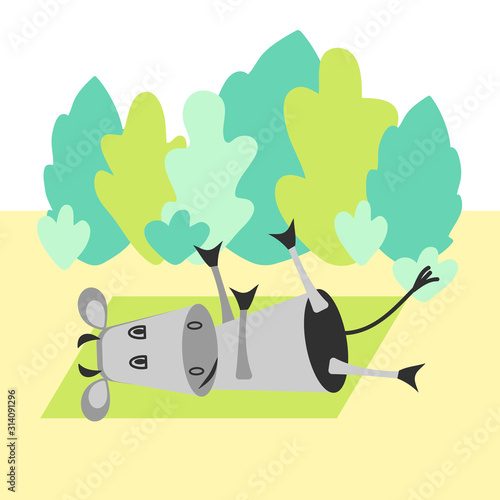Funny cow doing yoga in a clearing in the woods. Vector hand drawing