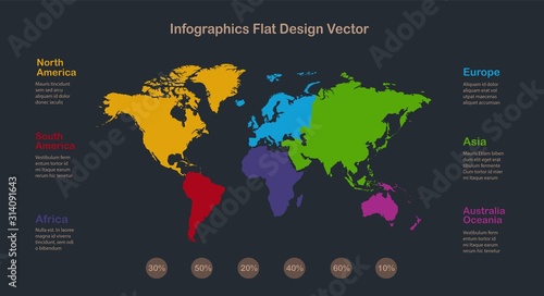 Infographics World maps with individual continents and labels with names, on a dark background vector