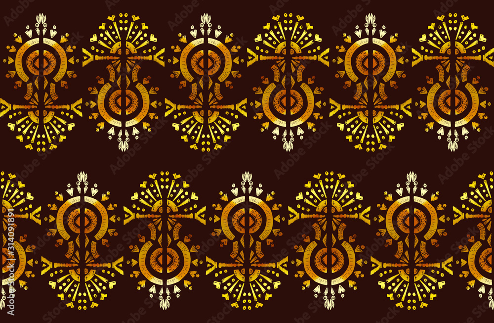 Nice native gold ornament pattern hand-drawn ikat geometric background - Ethnic folk pattern. Tribal embroidery background. Vector Nice native gold ornament pattern hand-drawn ikat geometric background - Ethnic folk pattern. Tribal embroidery background. Vector
