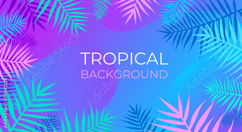 Neon tropical fluid background with jungle plants. Vector exotic banner with tropic palm leaves frame. Poster with copy space. Trendy fluid style and neon colors. Summer sale, ad design.