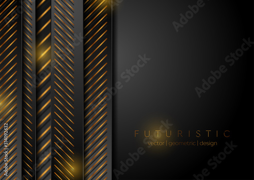 Abstract black bronze corporate graphic design with stripes and lines. Golden deluxe technology background. Geometric vector illustration