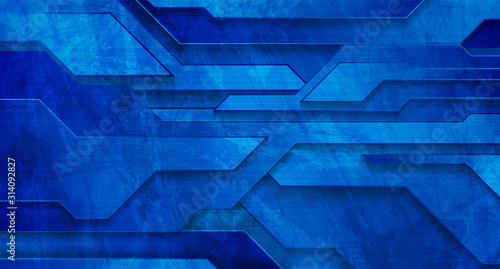 Abstract bright blue grunge tech geometric background. Vector design