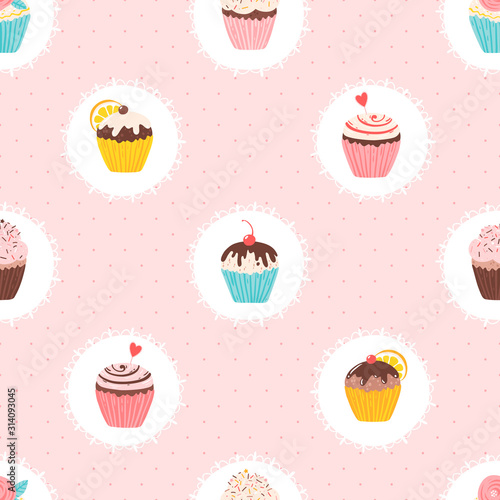Cupcake vintage pattern in round napkins. Cute hand drawn vector illustration muffin seamless background for birthday party  greeting cards  gift wrap.