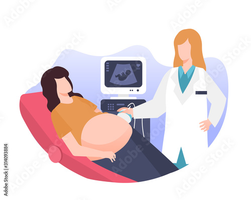 Pregnant woman having ultrasound scanning at the medical clinic illustration