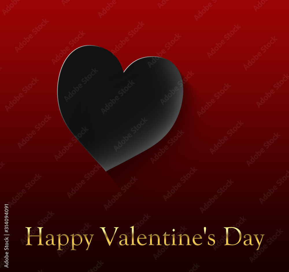 happy valentine's day with black heart on red gradient background and gold colored lettering