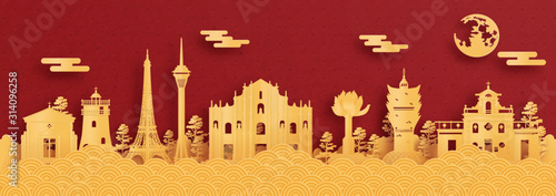 Panorama postcard and travel poster of world famous landmarks of Macau, China in red and gold paper cut 