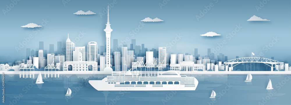 Fototapeta premium Panorama view of Auckland city skyline with world famous landmarks in paper cut style vector illustration