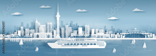Panorama view of Auckland city skyline with world famous landmarks in paper cut style vector illustration photo