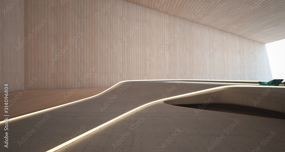 Abstract architectural concrete, wood and glass smooth interior of a minimalist house with swimming pool and neon lighting. 3D illustration and rendering.