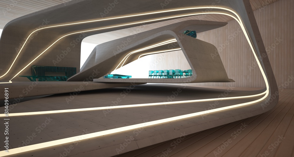 Abstract architectural concrete, wood and glass smooth interior of a minimalist house with swimming pool and neon lighting. 3D illustration and rendering. Abstract architectural concrete, wood and glass smooth interior of a minimalist house with swimming pool and neon lighting. 3D illustration and rendering.