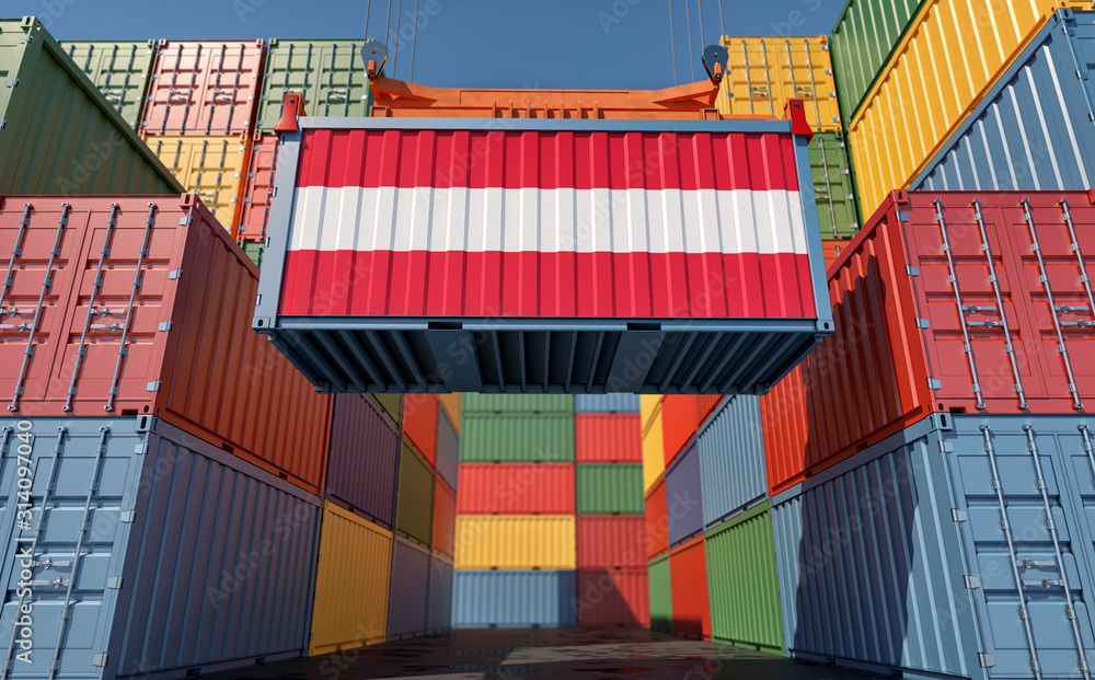 Fototapeta premium Container Terminal - Shipping Container with Austria flag. 3D Rendering