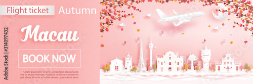 Flight and ticket advertising template with travel concept to Macau, China in autumn season deal with falling maple leaves and famous landmarks in paper cut style vector illustration