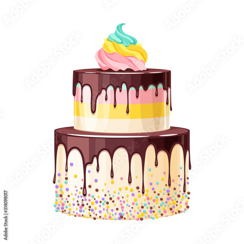 Fotografiet Colorful birthday cake decorated with melted chocolate vector illustration