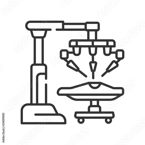 Medical robot black line icon. Robot surgeon makes a surgery patient on the operating table. Innovation in medicine. Sign for web page, app. UI UX GUI design element. Editable stroke
