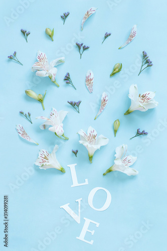 Flowers and word LOVE on a light blue background