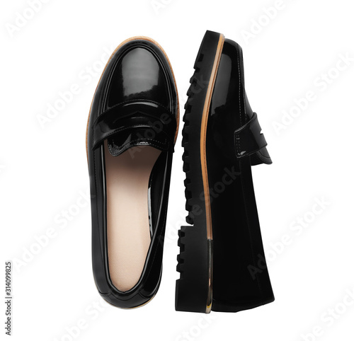 Pair of stylish female shoes isolated on white, top view