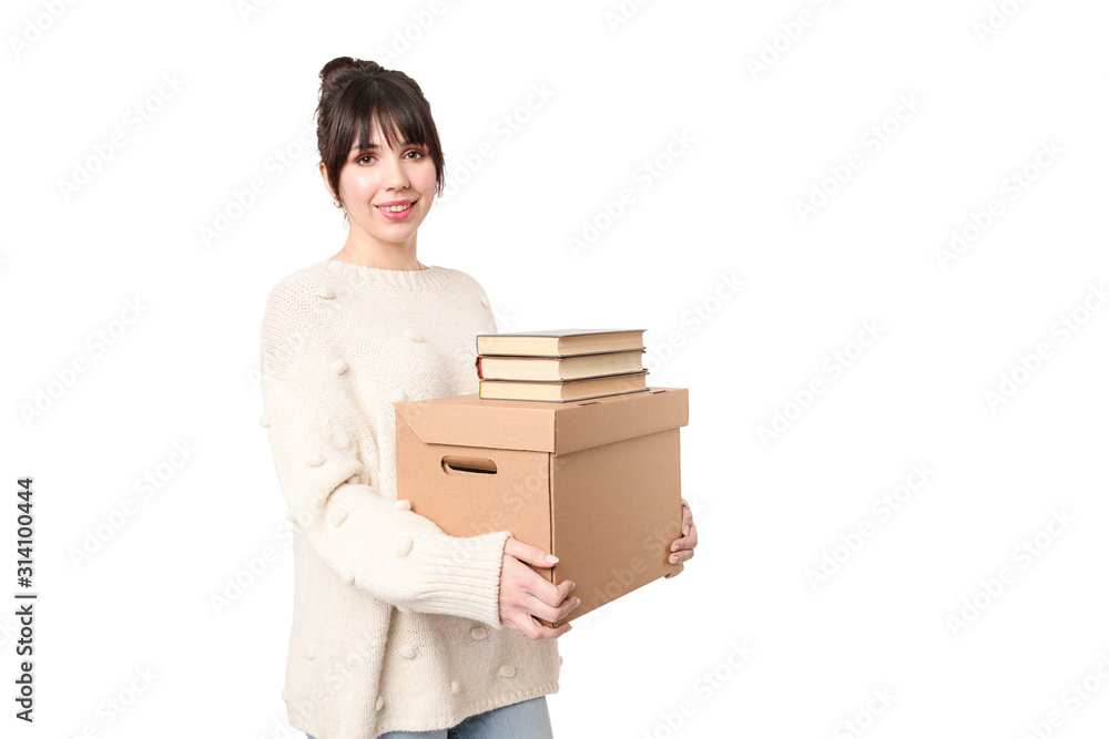 Smiling Delivery woman holding cardboard with online order and copy space for handwriting mockup. Moving day concept. Lay out home stuff for it's place. Smiling Delivery woman holding cardboard with online order and copy space for handwriting mockup. Moving day concept. Lay out home stuff for it's place.