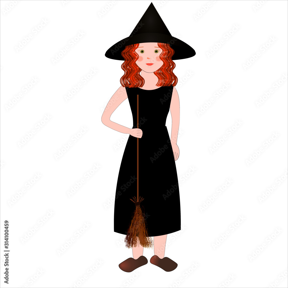 vector image of redhead young witch with broom in her hand vector image of redhead young witch with broom in her hand