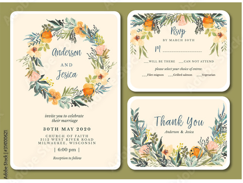 wedding invitation with pretty floral arrangement watercolor