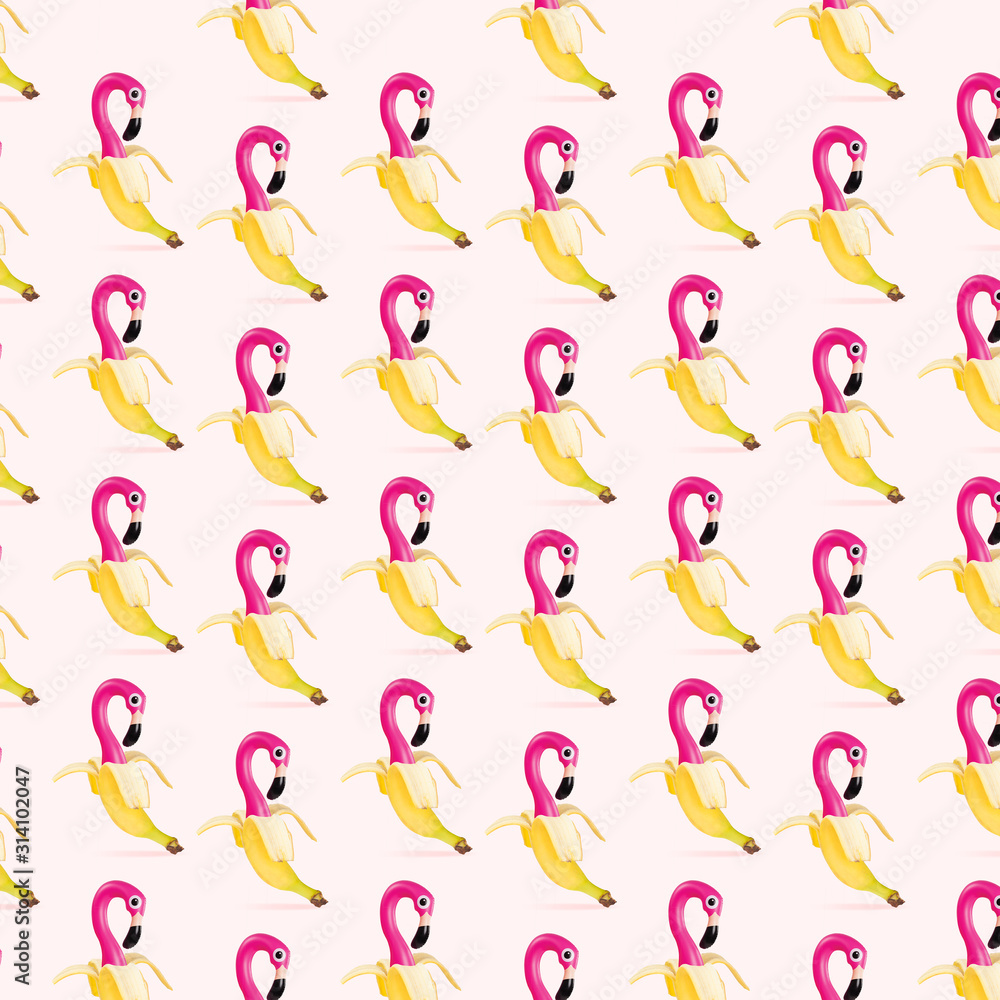 Modern colorful pattern made of exclusive design of banana with pink flamingo inside, modern background. Alternative view, new look, conceptual inspiring wallpaper for your advertising. Creative art.