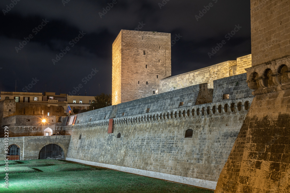 Night view of Swabian castle or Castello Svevo in Bari, Italy.