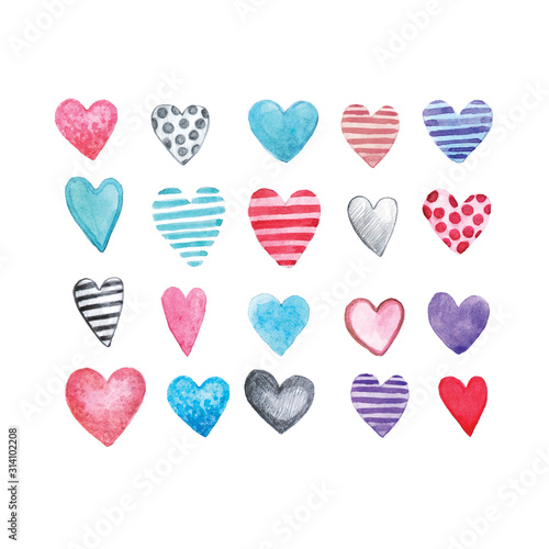  stock illustration isolated on white background set hearts. Cute watercolor drawing of pink, blue, purple flowers. Bright clipart for Valentine's Day. Hearts with a simple striped pencil