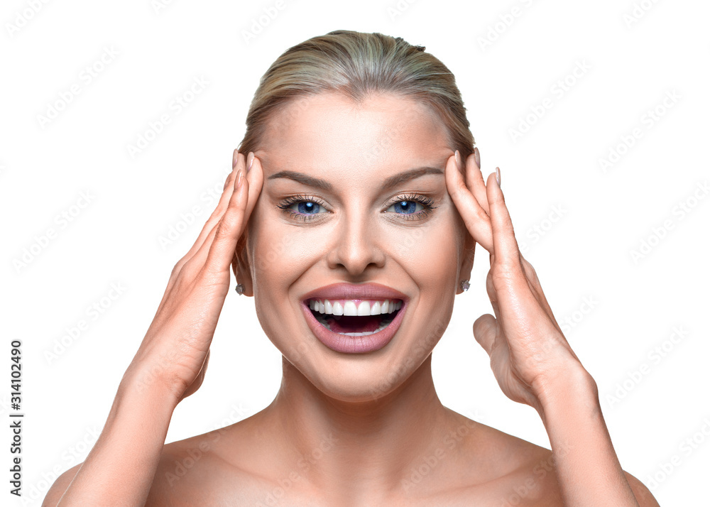 Face lifting concept. Close up portrait of happy smiling woman. Face lifting concept. Close up portrait of happy smiling woman.