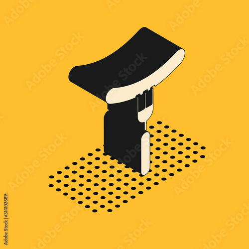 Isometric Sausage on the fork icon isolated on yellow background. Grilled sausage and aroma sign. Vector Illustration