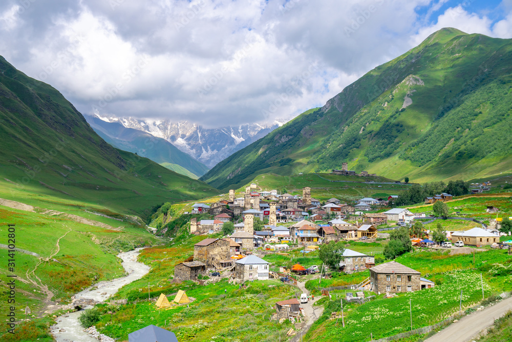 View of the Ushguli village at the foot of Mt. Shkhara.