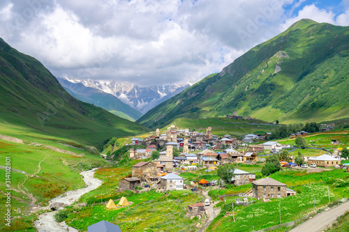 View of the Ushguli village at the foot of Mt. Shkhara.