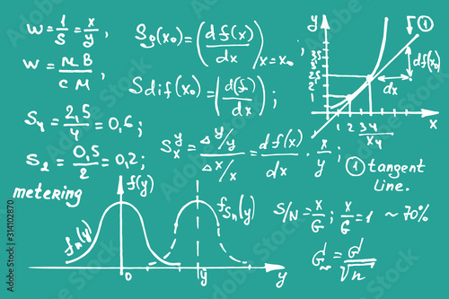 Maths equations on school board. Vector hand-drawn illustration. Education background.