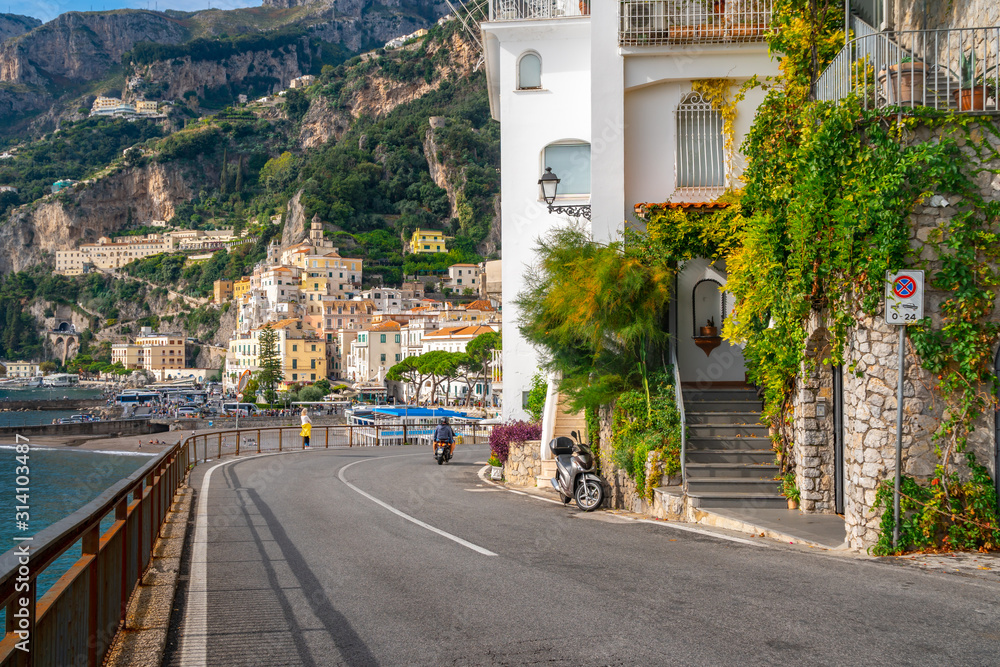Amalfi cityscape on coast of mediterranean sea, Italy.