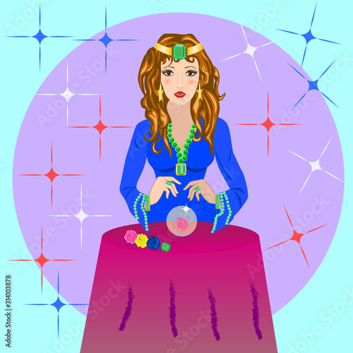 fortune teller predicts future, love, luck with flowers and crystal ball