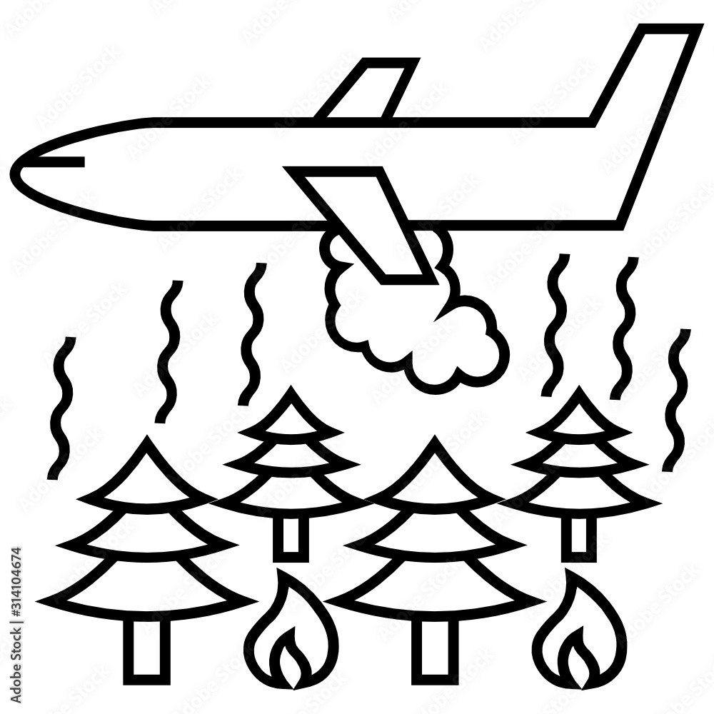 Fototapeta premium Firefighting plane dropping water above burning forest. Aerial firefighting and wildfire concept vector icon design