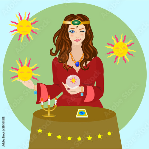fortune teller predicts future, love, luck with sun sign and crystal ball