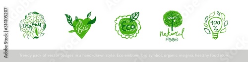 Organic food labels. Natural healthy fresh diet products icons. Green premium vegan badges. Hand lettering. Trendy vector logo for ethical agriculture, bio concept, natural cosmetics, local market.