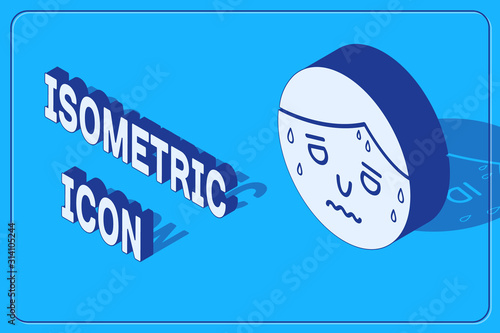 Isometric Man with excessive sweating icon isolated on blue background. Vector Illustration
