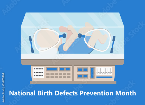 National Birth Defects Prevention Month is celebratedin January in USA. Neurology concept vector. Reanimation equipment for nursing premature newborn